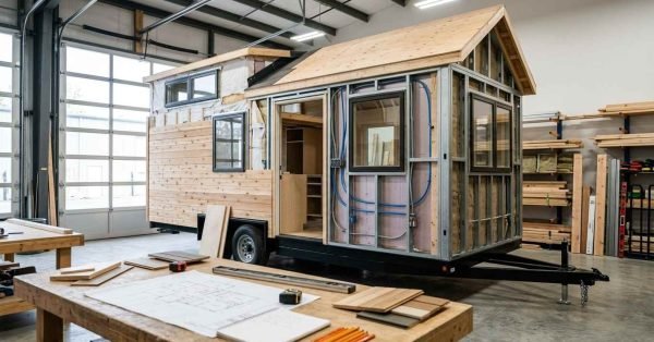 Tiny home on wheels under professional construction with structural framing, plumbing, electrical systems, cabinetry, organized plans, and quality craftsmanship illustrating the custom build process.