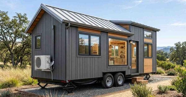 Tiny home on wheels with an insulated building envelope, energy-efficient windows, protected underbelly, and ductless mini-split heat pump for year-round climate control.