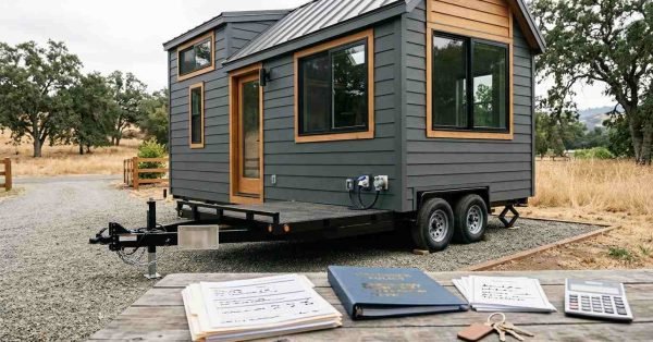 Tiny home on wheels with professional trailer construction and organized financing, certification, and insurance documents representing THOW lending and coverage considerations.