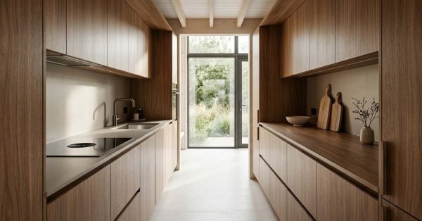 Modern tiny house kitchen with light wood cabinetry, dark walnut countertops, a stainless steel sink, an induction cooktop, minimalist shelving, and large glass doors providing natural light.