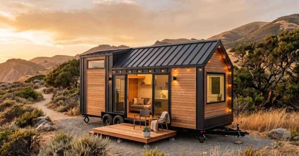 Modern tiny home on wheels with natural wood siding, a black metal roof, and a small wooden deck surrounded by California hills at sunset.