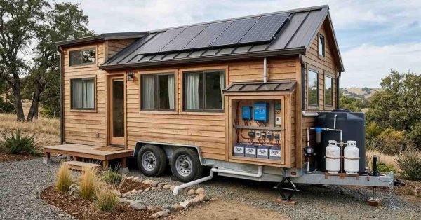 Off-grid tiny home on wheels with rooftop solar, battery storage, fresh-water and rainwater systems, propane, wastewater management, and self-contained utility connections.