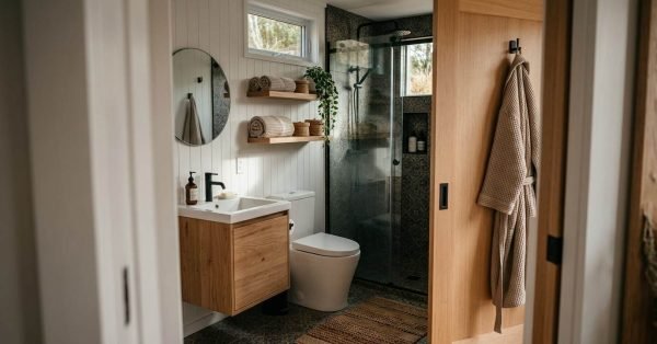 Interior view looking through an open light-wood pocket door into a modern, compact park model bathroom. The space features a floating light-wood vanity with a matte black faucet, a round wall mirror against vertical white shiplap, open floating wood shelves with rolled towels and trailing greenery, a modern dual-flush toilet, patterned floor tile with a woven rug, and a walk-in glass shower with black-framed doors, matte black fixtures, dark textured tile, and a clerestory transom window.