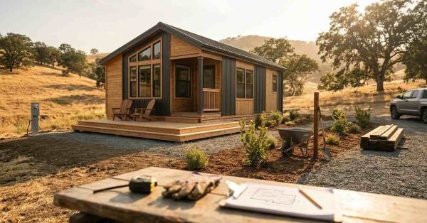 A wooden job site table with blueprints, measuring tape, and work gloves set against a finished park model home featuring an extended front deck, gravel driveway, utility pedestal, landscaping, and lumber stacks on a rolling hillside parcel.