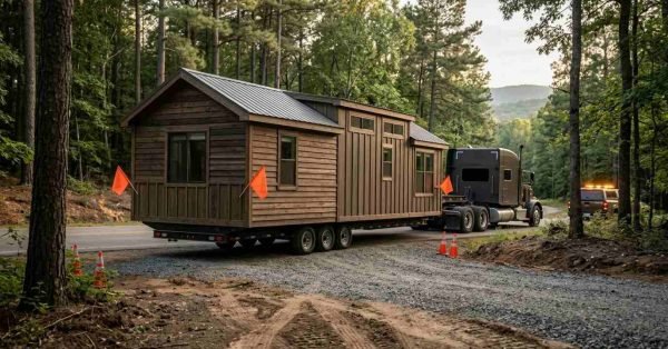 A semi-truck hauling a complete wood-sided park model home with a pitched metal roof, fitted with orange wide-load safety flags, turning from a paved road onto a prepared gravel access road lined with orange safety cones, accompanied by an escort vehicle with amber flashing lights in a wooded mountain area.
