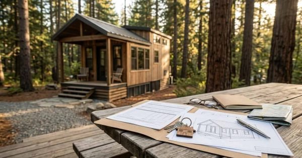 Purchase or inspection paperwork on a clipboard, house keys with a wooden tiny home keychain, architectural blueprints, a pen, eyeglasses, a notebook, and a map laid out on a rustic picnic table in front of a finished wood-sided cabin in a pine forest
