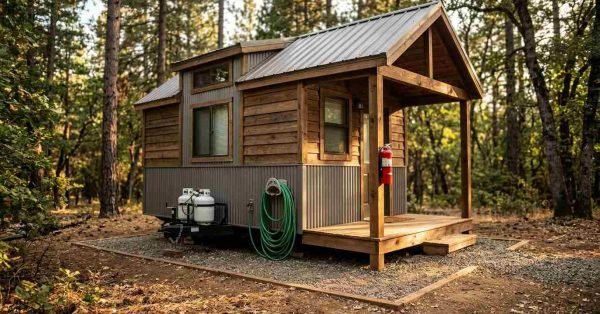 Rustic park model tiny home in pine woods featuring porch-mounted fire extinguisher, propane tanks, and metal siding