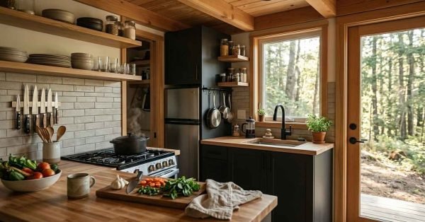 Warm, modern park model cabin kitchen featuring butcher-block countertops, matte black lower cabinets, and exposed timber ceiling beams. The compact, efficient layout includes a stainless steel gas range with a steaming Dutch oven, horizontal subway tile backsplash with a magnetic knife strip, open floating shelving with stacked ceramic dinnerware, an undermount sink with a gooseneck faucet under a picture window, and a full-lite glass exterior door looking out onto a pine forest.