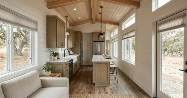 Park model home interior featuring a bright open-plan kitchen with a central island, sage green cabinets, stainless steel appliances, wood ceiling beams, large windows, and a cozy living area.
