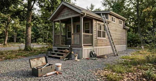 Open toolbox, caulk gun, and extension ladder outside a rustic park model tiny cabin during exterior maintenance and repair