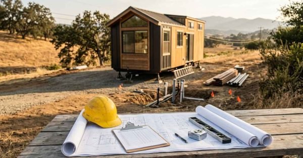 Architectural blueprints, a yellow hard hat, permit forms on a clipboard, and tools set on an outdoor wooden work table overlooking an active park model home installation on a rural hills site