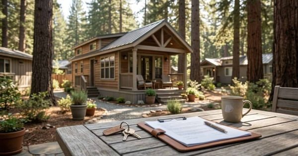 House keys and real estate purchase agreement clipboard on patio table overlooking a park model cabin in a pine resort