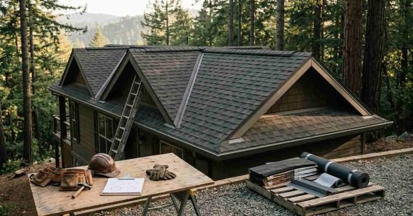 Elevated view of a multi-gable asphalt shingle roof installation on a park model cabin set among pine trees. A sawhorse workbench in the foreground holds roofing plans on a clipboard, a hard hat, leather tool pouches, a hammer, and work gloves, positioned beside a pallet loaded with bundles of asphalt architectural shingles, roofing underlayment rolls, and metal drip-edge flashing.