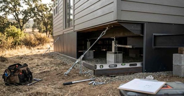 Leveling jacks, tie-down anchor cables, concrete pier blocks, and dark perimeter skirting panels installed underneath a modern park model home during site foundation setup.