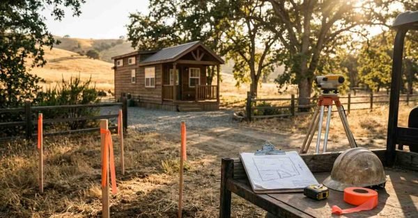 Land survey equipment with an optical level tripod, site boundary stakes with orange flagging tape, and a plot plan on a clipboard beside a hard hat, overlooking a rustic park model cabin on a rural property.
