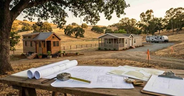 Site development blueprints and tools on workbench overlooking park model cabin, manufactured home, and RV trailer on rural acreage