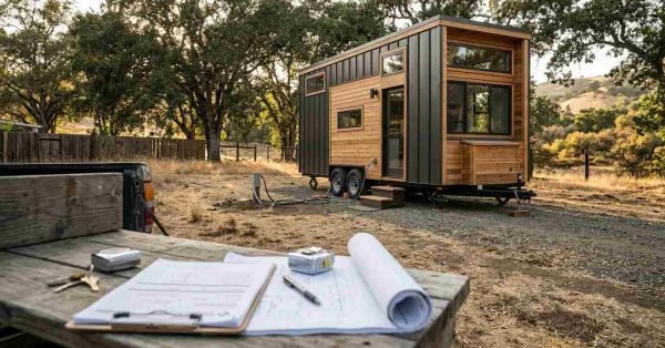 Contractor site plans, clipboard, and keys on wooden bench overlooking a modern tiny house on wheels connected to utility hookups