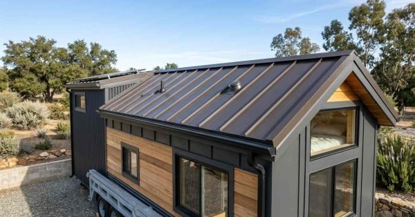 Tiny home on wheels with a lightweight standing-seam metal roof, proper drainage, flashing, gutters, solar mounting, and weather-resistant roofing details.