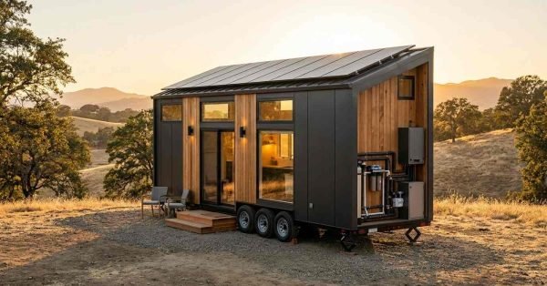 Modern tiny house on wheels featuring rooftop solar panels, black metal siding, natural wood cladding, and exposed exterior plumbing and utility systems in a rural landscape at sunset.