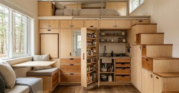 Tiny home on wheels interior with full-height cabinetry, storage stairs, pull-out pantry, built-in drawers, loft compartments, and multi-purpose space-saving storage.