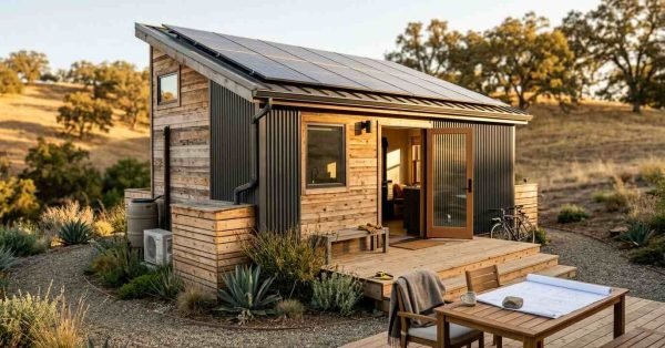 Sustainable eco-friendly park model tiny home with rooftop solar panels, rainwater barrel, and wooden deck in rural landscape
