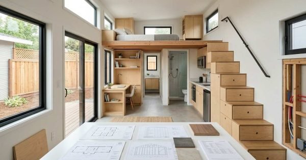 Well-planned tiny house on wheels interior showing efficient zoning, compact kitchen and bathroom, storage stairs, sleeping loft, work area, and space-saving floor-plan design.