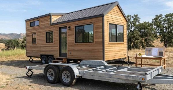 THOW builder's technical review workspace with detailed floor plans, structural drawings, framing plans, system layouts, weight calculations, specifications, and construction reference materials.