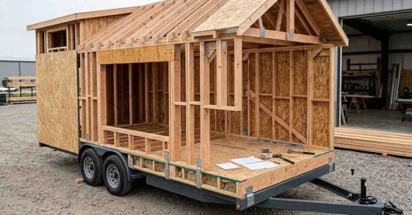 Partially framed tiny home on wheels showing wood wall and roof framing, loft structure, structural sheathing, steel trailer chassis, and engineered mechanical connections.