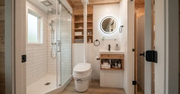 Compact tiny home bathroom with a space-saving shower, composting toilet, narrow vanity, waterproof finishes, ventilation, and integrated storage.