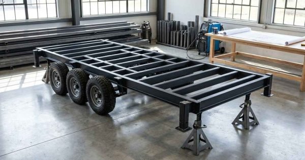 Heavy-duty tiny home trailer chassis with triple axles, steel framing, support stands, and fabrication equipment inside a workshop.
