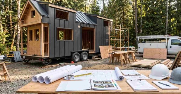 Tiny home on wheels under construction in a wooded area, with unfinished exterior framing, metal roofing, scaffolding, architectural blueprints, lumber, and safety helmets on a worktable.