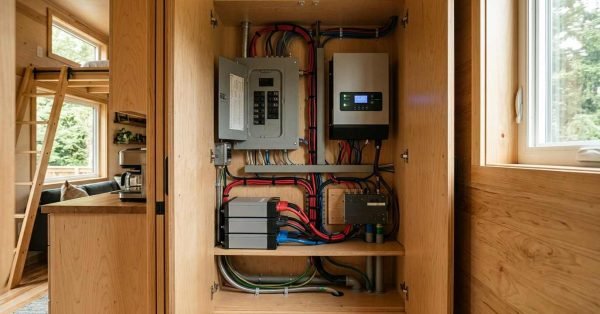 Tiny home electrical system featuring a circuit breaker panel, inverter, battery bank, and organized red and black wiring inside a wooden utility cabinet.