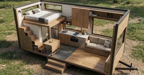 Open-concept tiny home floor plan showing a loft bedroom, compact kitchen, bathroom, living area, storage stairs, and trailer base.