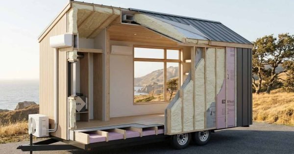 Tiny home cross-section showing spray foam insulation in walls and roof, rigid foam insulation beneath the floor, and a metal roof assembly.