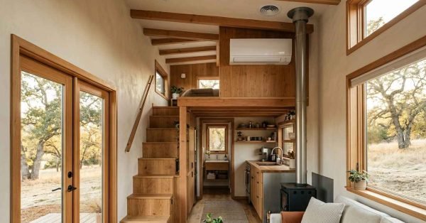 Compact tiny home interior featuring a loft bedroom, wall-mounted mini-split HVAC system, wood-burning stove, wooden staircase, and large windows for natural light.