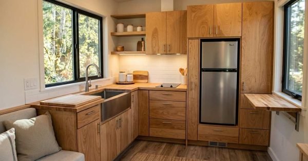 Compact tiny home kitchen with an efficient L-shaped layout, induction cooktop, single-basin sink, compact refrigerator, full-height storage, durable countertops, and space-saving features.