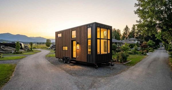 Modern tiny home on wheels parked in a residential setting, illustrating tiny home legal classification and certification.
