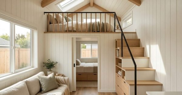 Bright tiny home interior featuring a cozy loft bedroom, built-in wooden staircase with storage drawers, white paneled walls, exposed ceiling beams, and a comfortable living area beneath the loft.