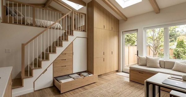 Compact tiny home interior featuring a loft bedroom, built-in wooden staircase with storage drawers, custom cabinetry, and a bright living area with natural wood finishes.