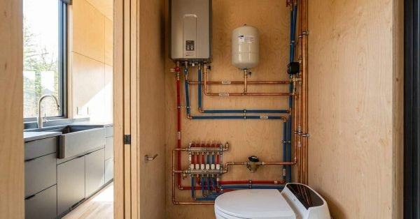 Compact tiny home plumbing system with tankless water heater, expansion tank, copper pipes, PEX lines, manifold, and bathroom fixtures arranged in a utility cabinet.
