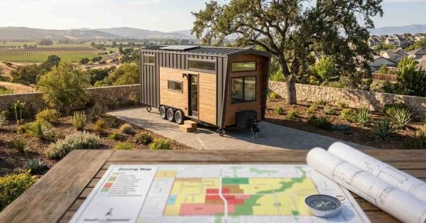 Tiny home on wheels displayed in a landscaped property beside zoning maps and architectural plans, illustrating zoning and land-use considerations.