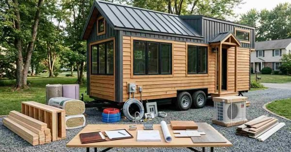 Tiny home on wheels with construction materials, trailer chassis, finishes, appliances, and organized project supplies representing the major costs of building and budgeting a THOW.