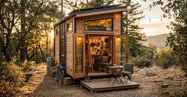 Cozy off-grid tiny house on wheels with solar panels and open French doors revealing interior kitchen and loft at golden hour