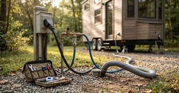 Utility pedestal connected to tiny house on wheels with RV shore power cord, freshwater hose, and sewer drain pipe