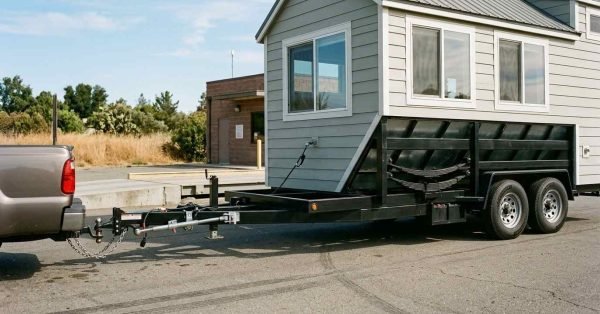 Tiny home on wheels with balanced tandem axles, properly positioned hitch, load-rated tires, secure safety chains, and level towing setup designed for road stability.