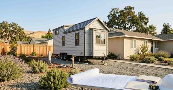 Tiny home on wheels professionally positioned beside a California residence with planned setbacks, permanent utilities, emergency access, fire-resistant landscaping, and site-planning elements illustrating zoning and placement requirements.