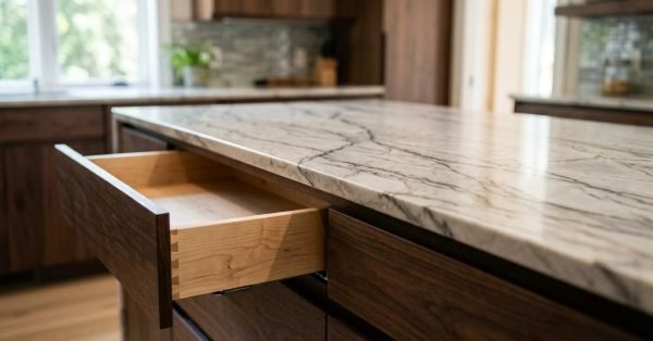 Open solid wood dovetail drawer extended from dark walnut kitchen island cabinets under a veined marble countertop