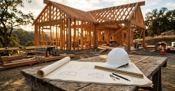 White safety hard hat resting on unrolled architectural blueprints with drafting tools on a wooden worktable in front of a house undergoing timber frame construction