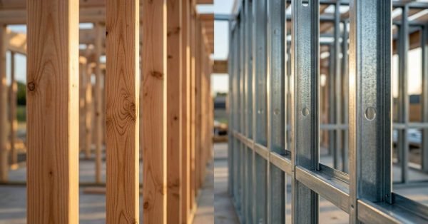 Side-by-side comparison of traditional wooden timber wall studs and modern light-gauge galvanized steel framing studs on a residential construction site.