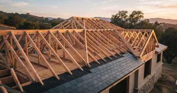 Exposed wooden roof truss framework under construction on a new home, with grey roof shingles partially installed along the lower edge during golden hour
